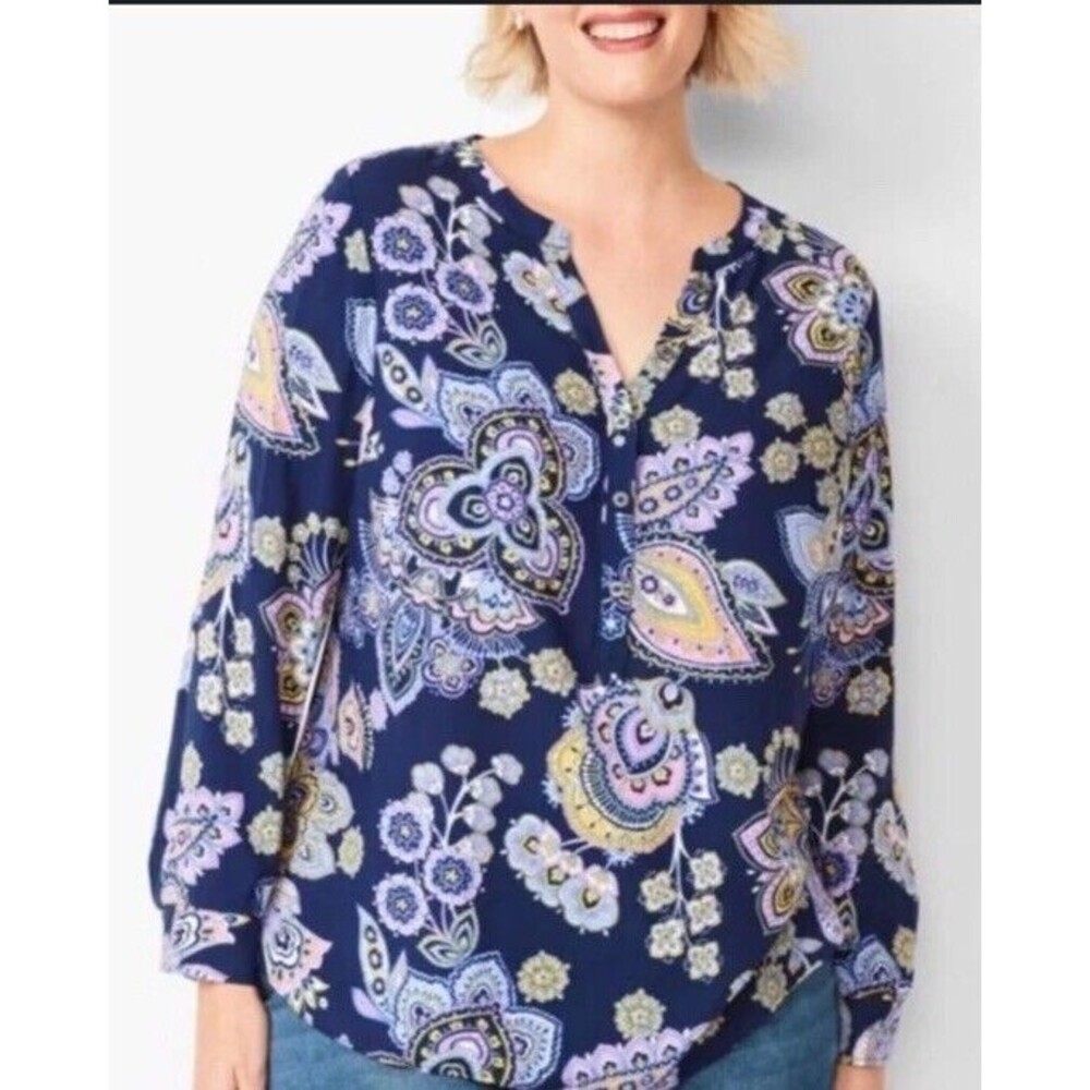 Talbots plus pop over tunic top navy paisley